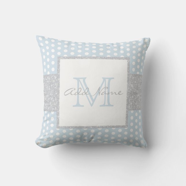 Monogram Blue Polka Dot Baby Boy Nursery Throw Pillow (Front)