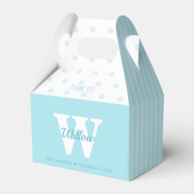 Monogram Blue Polka Dots Stripes Gable Favor Box (Front Side)