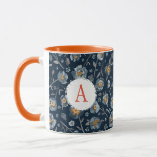 Monogram Blue Poppies Floral Pattern Mug
