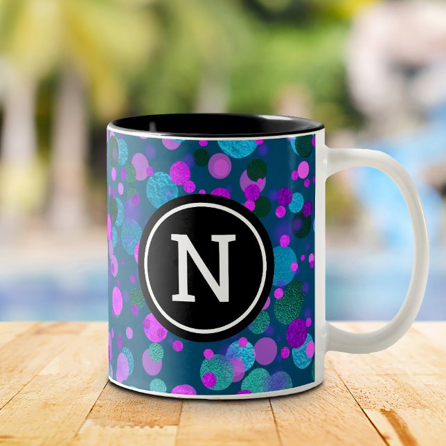 Monogram blue purple confetti dots on teal modern Two-Tone coffee mug (Creator Uploaded)