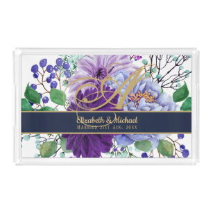 Monogram Blue Purple Floral Gold Newlyweds Wedding Acrylic Tray