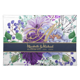 Monogram Blue Purple Floral Gold Newlyweds Wedding Cloth Placemat