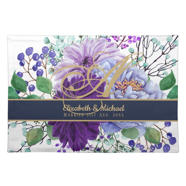 Monogram Blue Purple Floral Gold Newlyweds Wedding Cloth Placemat (Front)