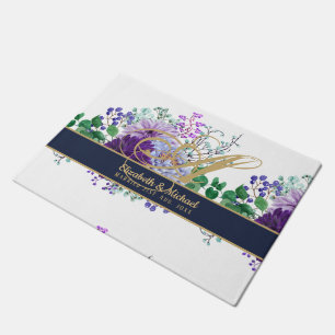 Monogram Blue Purple Floral Gold Newlyweds Wedding Doormat