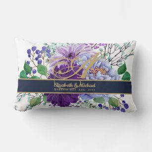 Monogram Blue Purple Floral Gold Newlyweds Wedding Lumbar Pillow