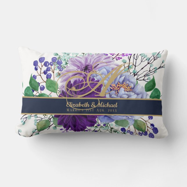 Monogram Blue Purple Floral Gold Newlyweds Wedding Lumbar Pillow (Front)