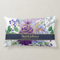 Monogram Blue Purple Floral Gold Newlyweds Wedding Lumbar Pillow