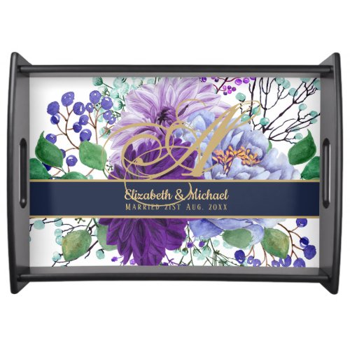 Monogram Blue Purple Floral Gold Newlyweds Wedding Serving Tray