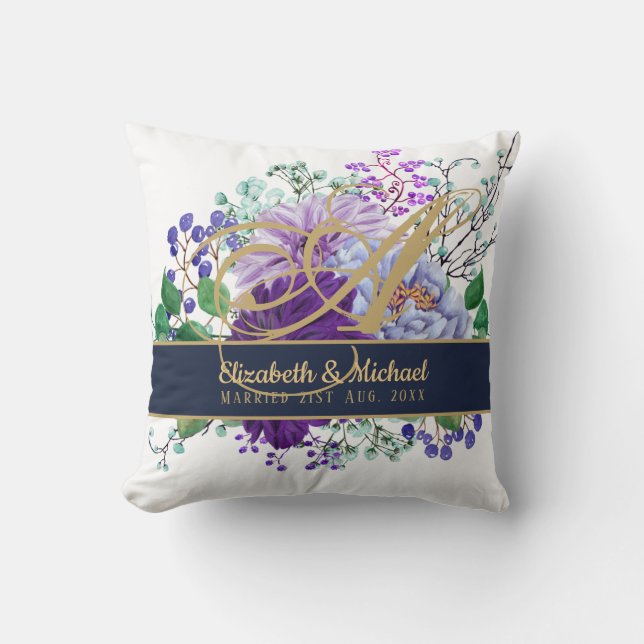 Monogram Blue Purple Floral Gold Newlyweds Wedding Throw Pillow (Front)