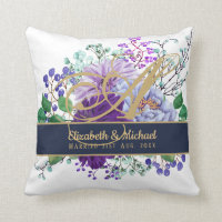 Monogram Blue Purple Floral Gold Newlyweds Wedding Throw Pillow