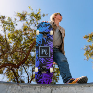 Monogram blue purple ombre leaf cool trendy modern skateboard