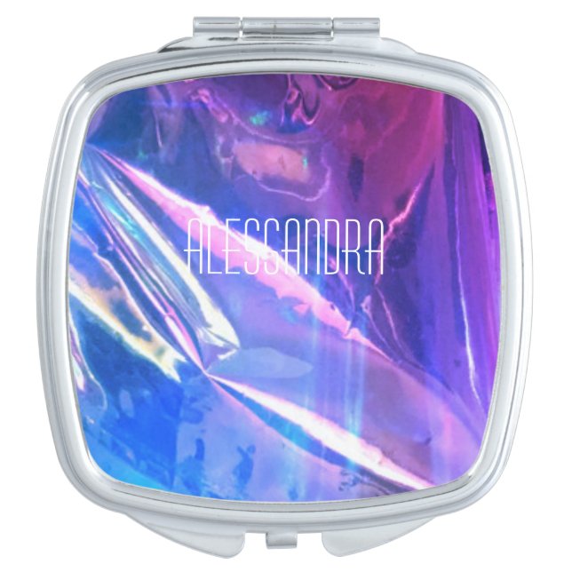 Monogram blue purple pink opalescent iridescent  compact mirror (Front)