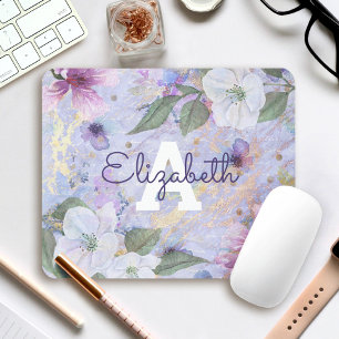 Monogram blue purple vintage floral watercolor mouse pad