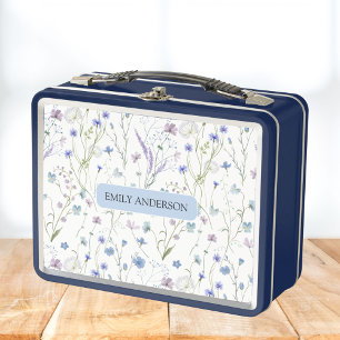 Monogram Blue Purple Wildflower Floral Pattern Metal Lunch Box