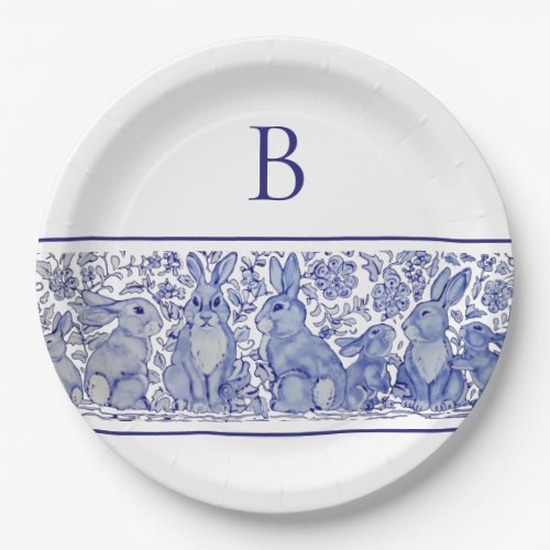 Monogram Blue Rabbit Animal Whimsical Custom Paper Plates