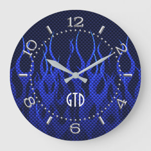 Monogram Blue Racing Flames on Carbon Fiber Print Large Clock