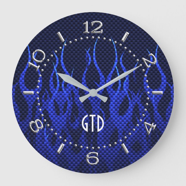 Monogram Blue Racing Flames on Carbon Fiber Print Large Clock (Front)
