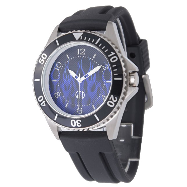 Monogram Blue Racing Flames on Carbon Fiber Print Watch (Angled)