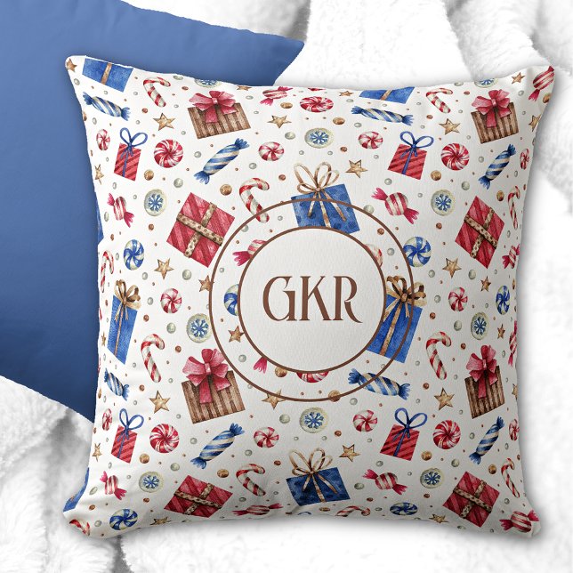 Monogram Blue & Red Christmas Gifts Pattern 16x16 Throw Pillow (Creator Uploaded)