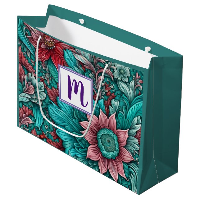 Monogram Blue Red Flowers  Large Gift Bag (Front Angled)