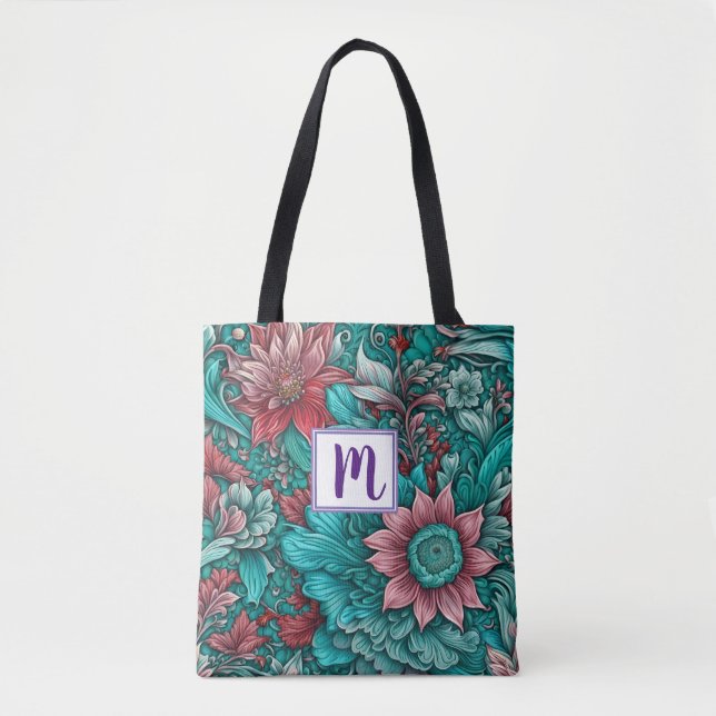 Monogram Blue Red Flowers  Tote Bag (Front)