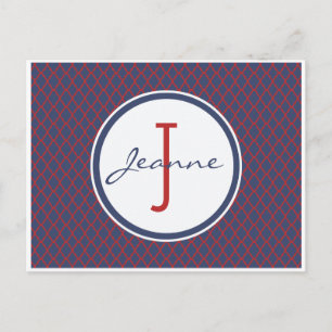 Monogram Blue & Red Quatrefoil Trellis Pattern Postcard