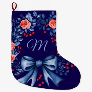 Monogram Blue Red Rose Christmas Large Christmas Stocking