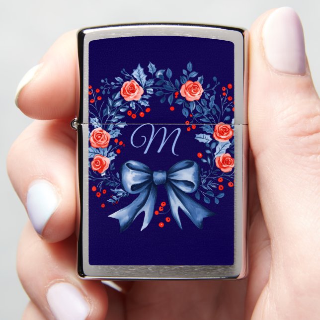 Monogram Blue Red Rose Christmas Zippo Lighter (In Hand)
