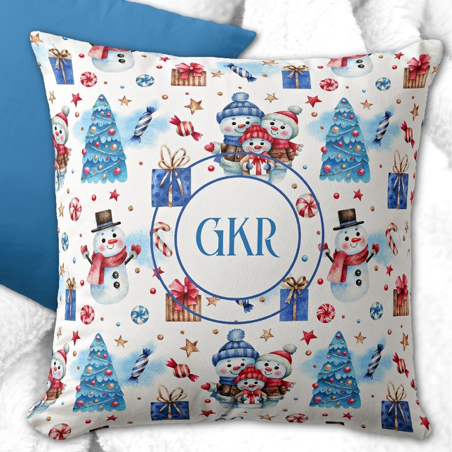 Monogram Blue & Red Snowman Family Pattern 16x16 Throw Pillow (Creator Uploaded)