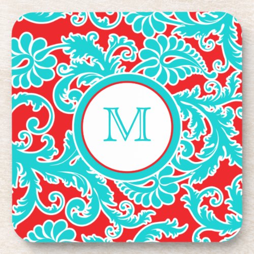 Monogram Blue Red White Damask Coaster Set 6