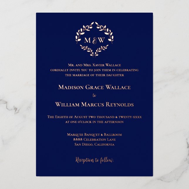 Monogram Blue Rose Gold  Luxe Elegant Crest  Foil Invitation (Front)