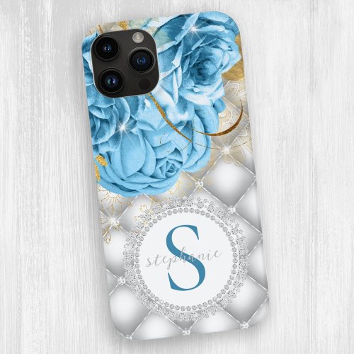 Monogram Blue Roses Diamonds Sparkle Tufted Glam Case_Mate iPhone 14 Case