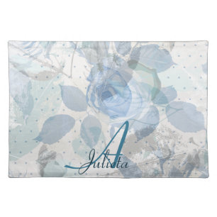 Monogram Blue Roses pattern Cloth Placemat