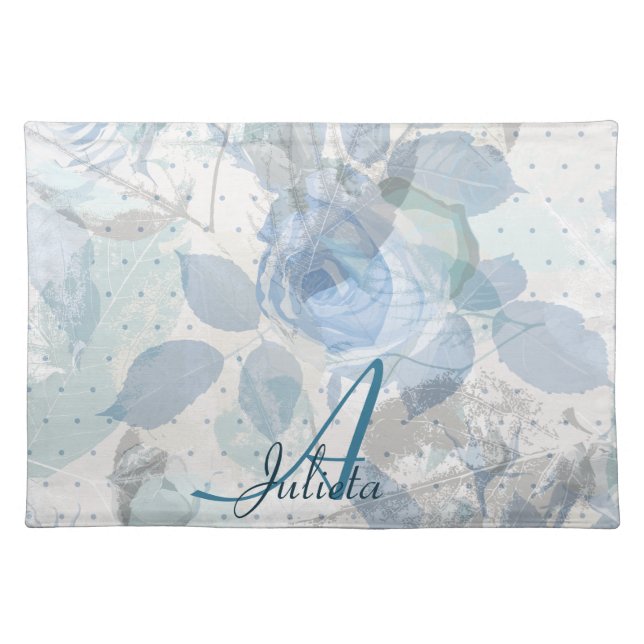 Monogram Blue Roses pattern Cloth Placemat (Front)