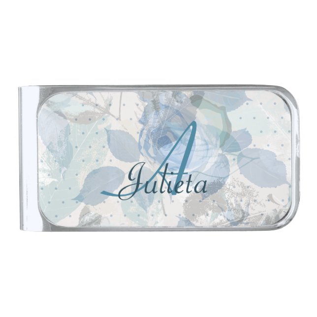 Monogram Blue Roses Silver Finish Money Clip (Front)