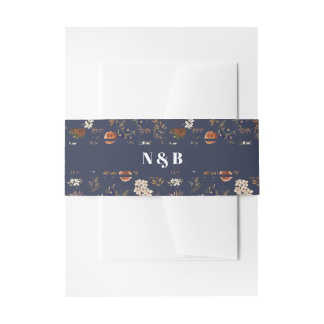 Monogram Blue Rust Floral Wedding Invitation Belly Band (Front Example)