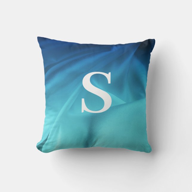 Monogram Blue Satin  Throw Pillow (Front)