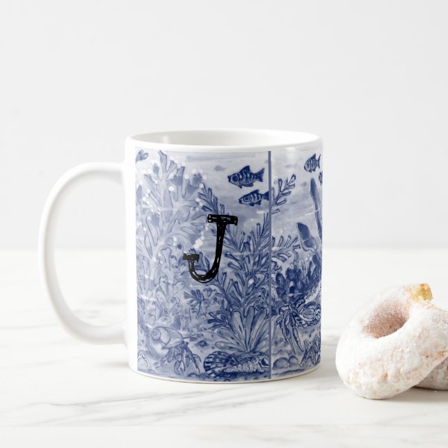 Monogram Blue Sealife Ocean Coastal Beachy Unique  Coffee Mug (With Donut)