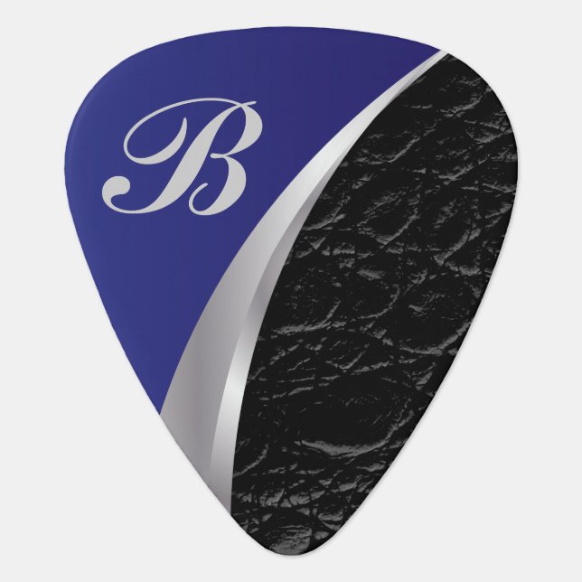 Monogram Blue Silver and Black Leather  Guitar Pick (Front)