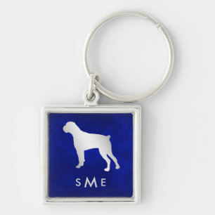 Monogram Blue Silver Boxer Dog Keychain