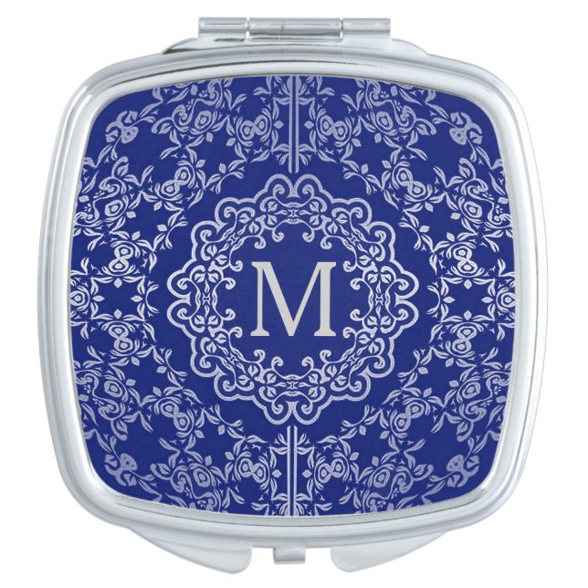 Monogram Blue & Silver Filigree Motif Compact Vanity Mirror (Front)