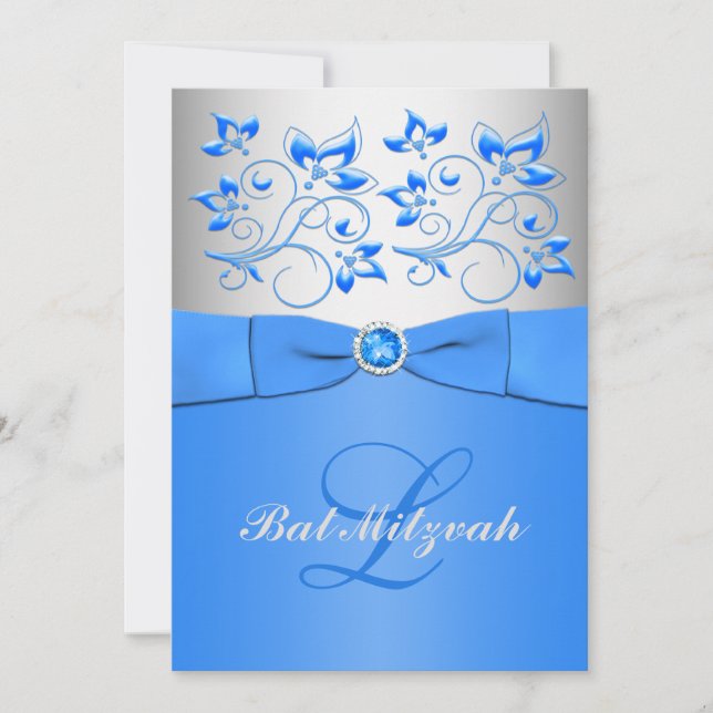 Monogram Blue Silver Floral Bat Mitzvah Invitation (Front)