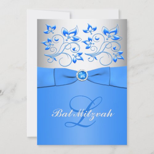 Monogram Blue Silver Floral Bat Mitzvah Invitation