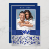 Monogram Blue, Silver Floral PHOTO Wedding Invite (Front/Back)