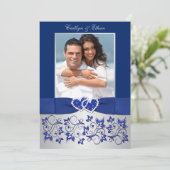 Monogram Blue, Silver Floral PHOTO Wedding Invite (Standing Front)