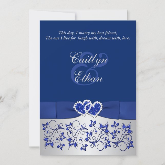 Monogram Blue, Silver Floral Wedding Invitation (Front)
