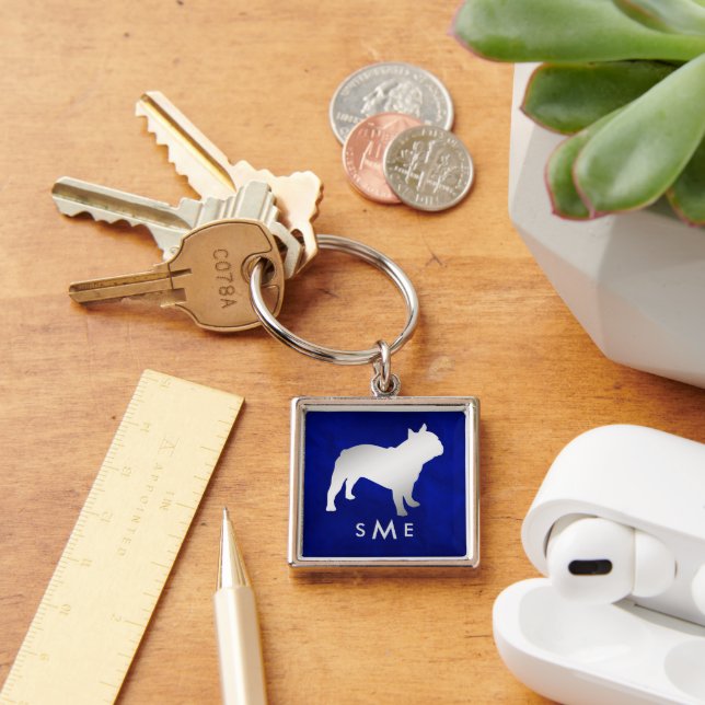 Monogram Blue Silver French Bulldog Keychain (Desk)