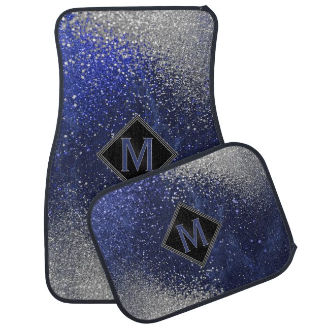 Monogram Blue & Silver Glitter  Car Floor Mat (Set)