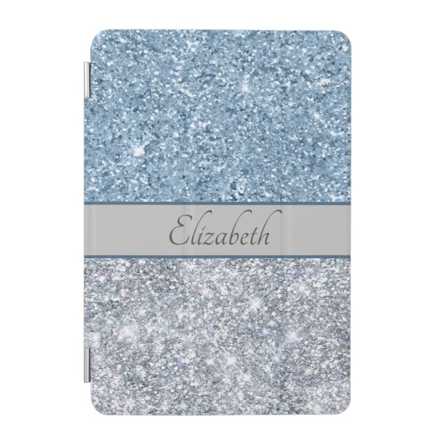 Monogram Blue Silver Glitter Glam Bling Trendy  iPad Mini Cover (Front)
