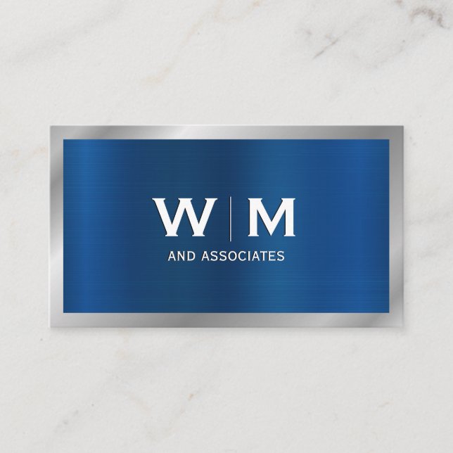 Monogram | Blue Silver Metallic Brushed Business Card (Front)